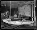 Nevill's Expedition with boat BOTANY in factory with plywood press, circa 1943, #15834_1