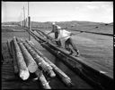 Two workers on log boom, 9/6/1962, #42046_1