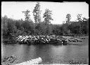 Pile of logs by water's edge, circa 1905, #G0093_1