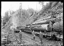 Men near logged hillside, below steep grade with rail cars loaded with logs, circa 1912, #G0371_1