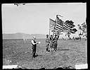 Three Boy Scouts with flags at picnic, circa 1925, #G1003_1