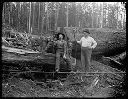 Two men with rifles and dogs on big log, 10/22/1907, #G1338_1