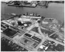 Aerial view of lumber mill dock with Calmar Line ship, 6/1959, #34489_1